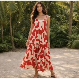 Abel The Label Anthropologie Red White Print Tiered Midi Sundress Size Medium